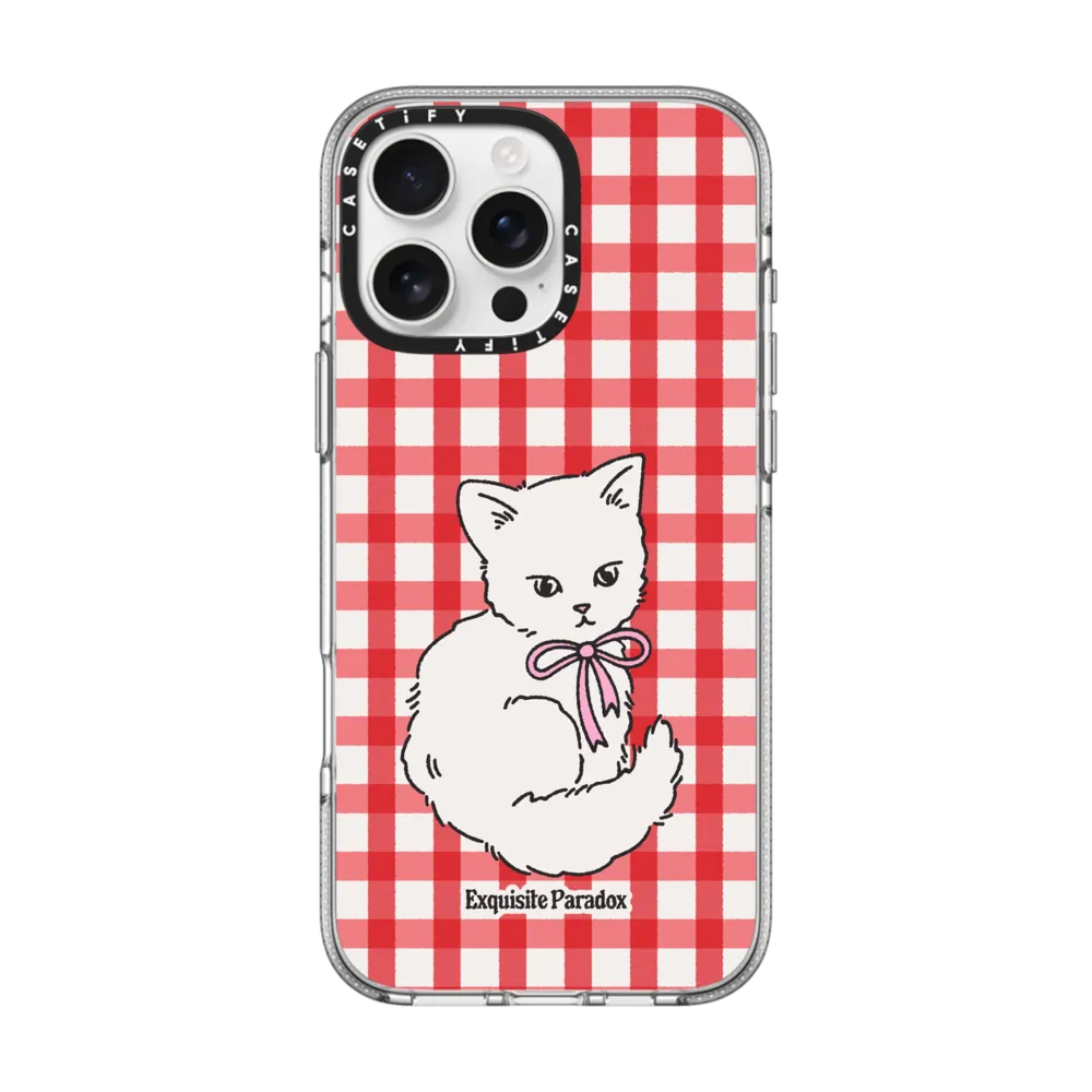 复古红格纹为背景，搭配一只慵懒的小猫咪，整体画风带着韩系复古学院风，少女感十足