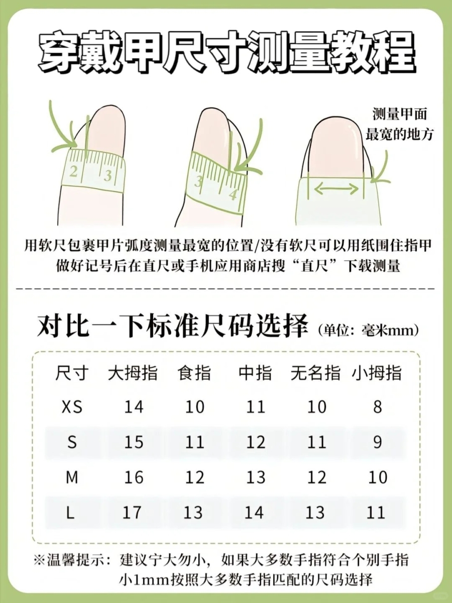 穿戴甲尺码对照表