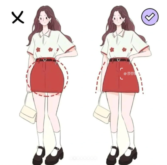 腿粗+胯宽穿搭技巧：1.短裙选A字裙