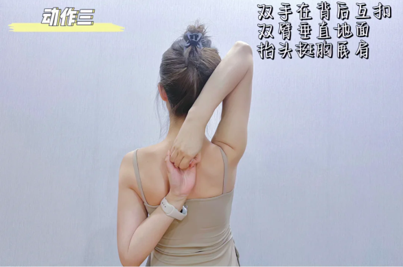 动作三:双手在背后互扣,双臂垂直地面,抬头挺胸展肩