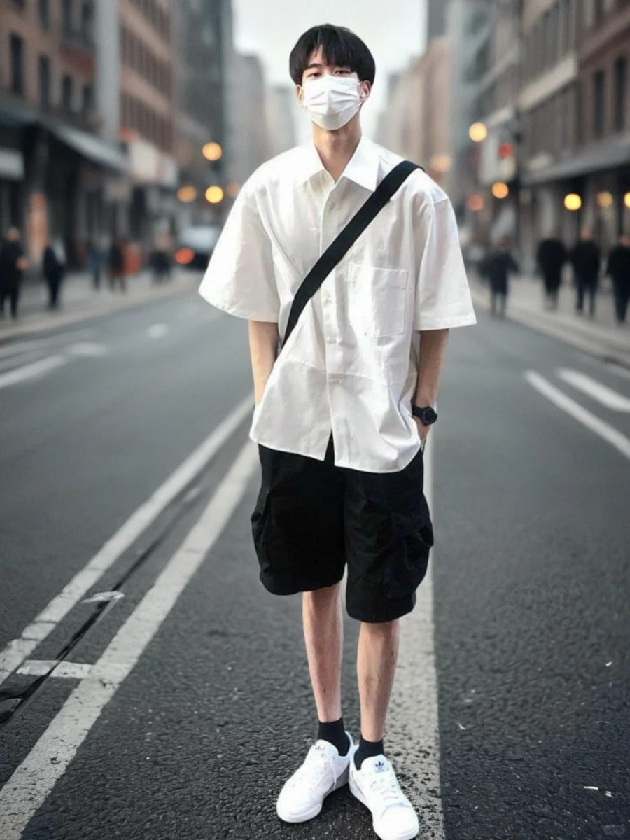 男生白衬衫穿搭:3、街头潮男