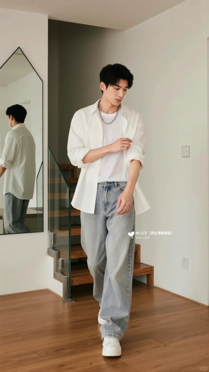 男生白衬衫穿搭:5、清爽少年风