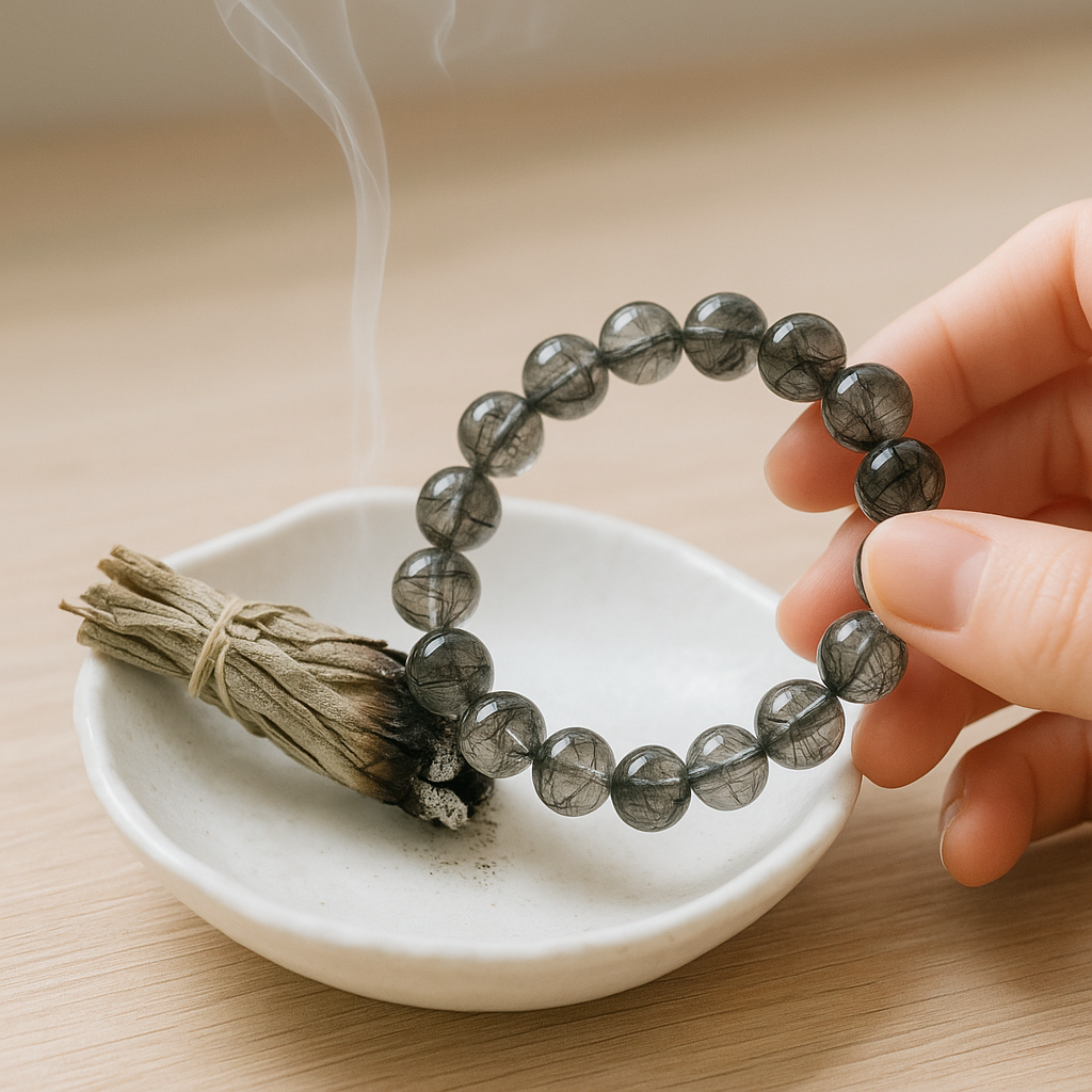 点燃天然鼠尾草或圣木,让烟雾缓缓包围黑发晶,适合在能量杂乱或外出归来时使用。