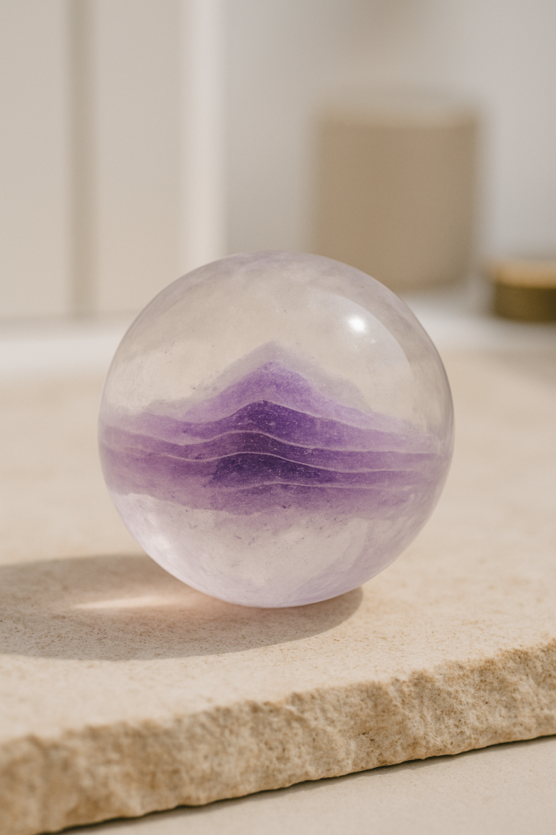 紫幽灵水晶也叫「紫幻影水晶」,晶体内部包裹了像火山泥这样的天然矿物,形成如云雾、山形、金字塔或羽毛状的图案,看起来像「幻影」藏在水晶里,因此得名「紫幽灵」~