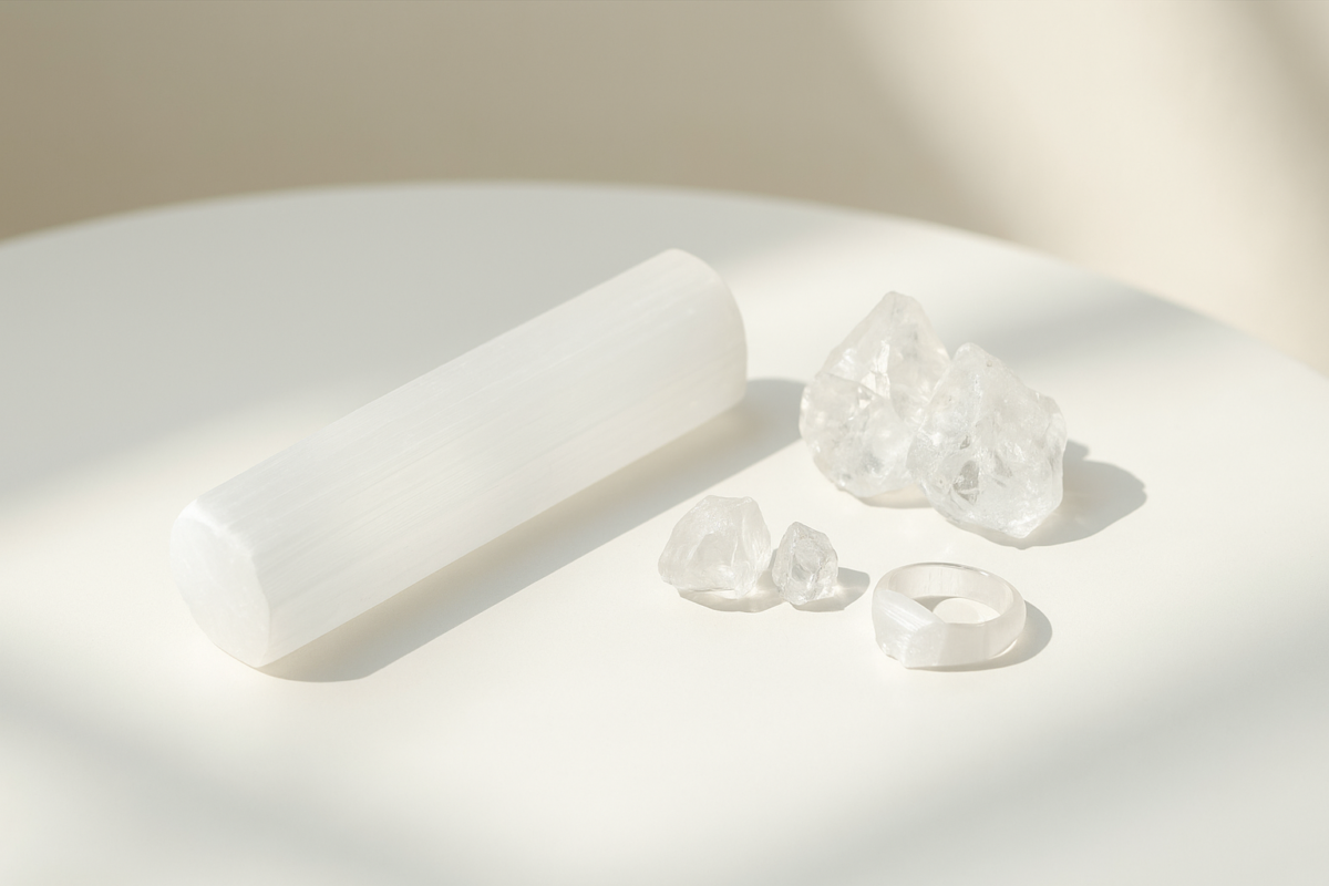 透石膏和白水晶都是受欢迎的白色系疗愈石，外观相似，但特质和用途截然不同。