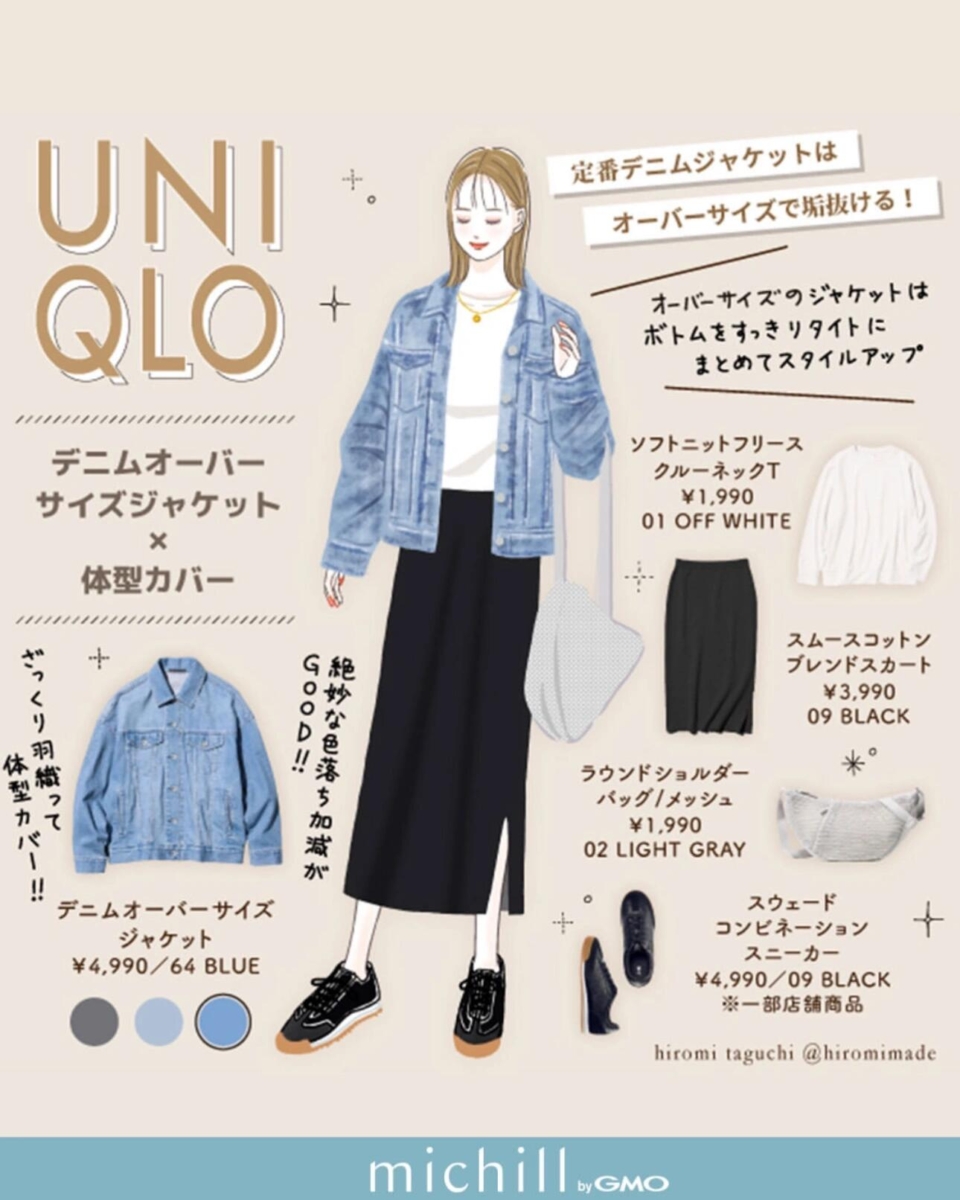 LOOK 5:浅蓝牛仔外套+白色内搭+黑色半身长裙