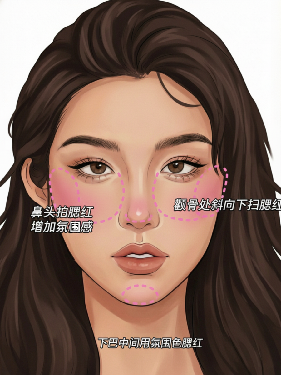 菱形脸腮红画法示意图：顺着颧骨斜向下扫涂，弱化高颧骨与面部凹陷