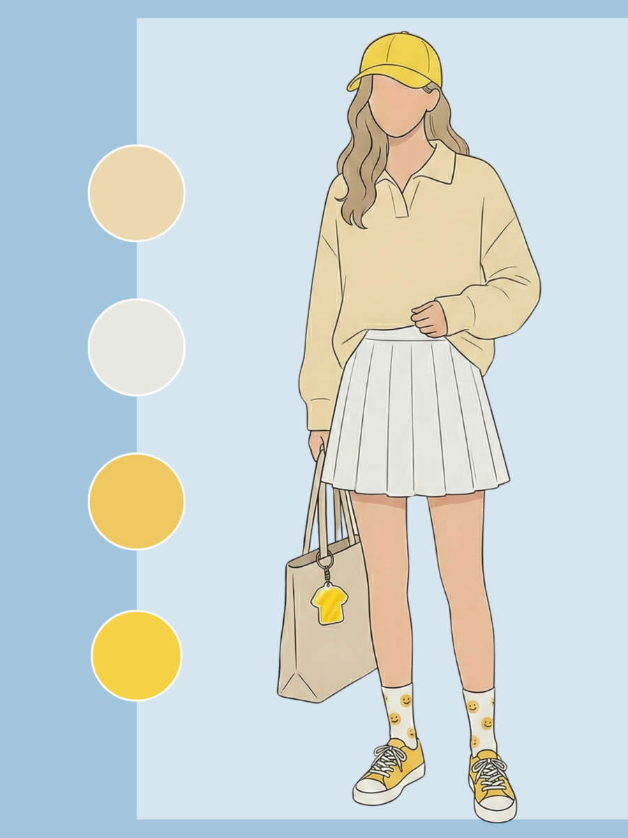 奶油黄针织开衫搭配云舞白百褶裙