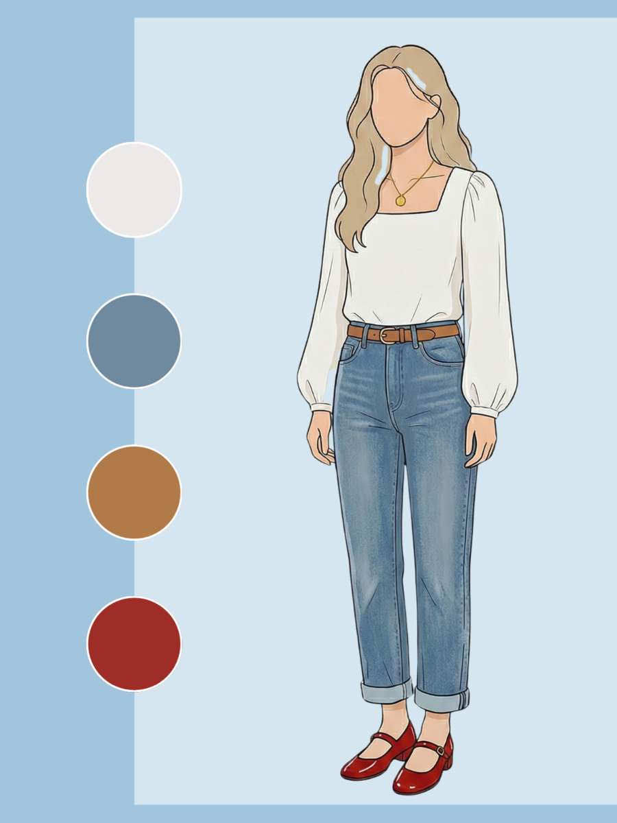 云舞白衬衫搭配复古蓝色牛仔裤