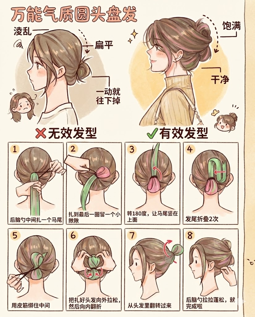 五、 万能气质圆头盘发