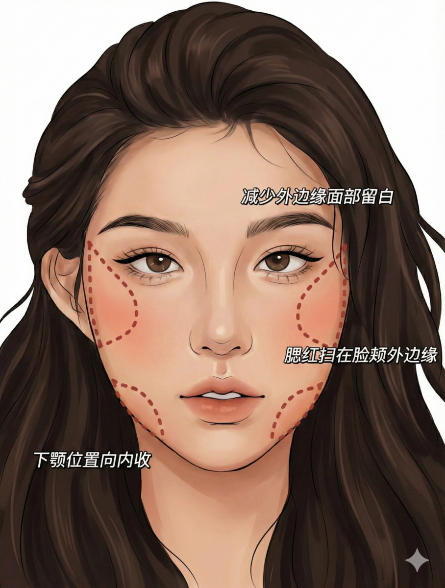 方脸腮红画法示意图：收缩色腮红扫在脸颊外边缘与下颚，柔化面部棱角