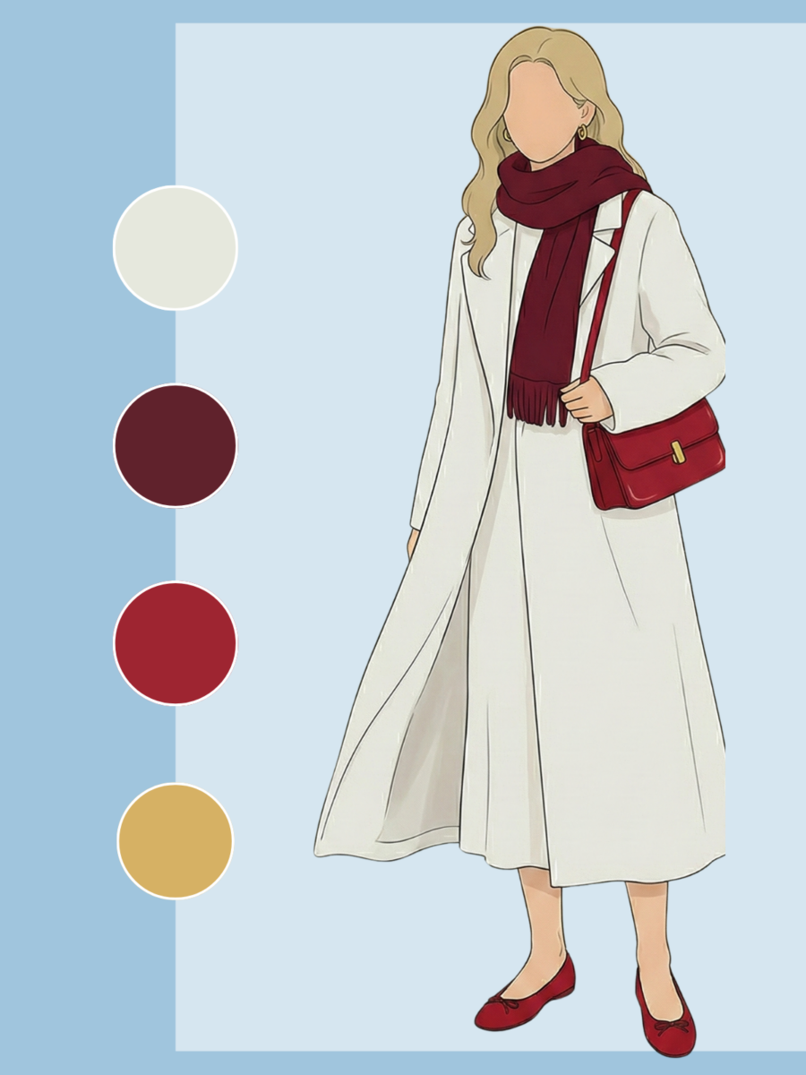 云舞白大衣搭配酒红色围巾