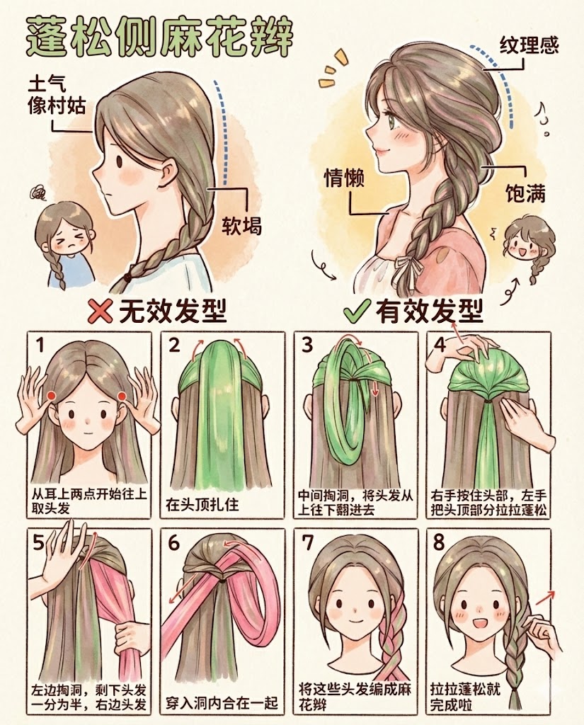 六、 蓬松侧麻花辫：