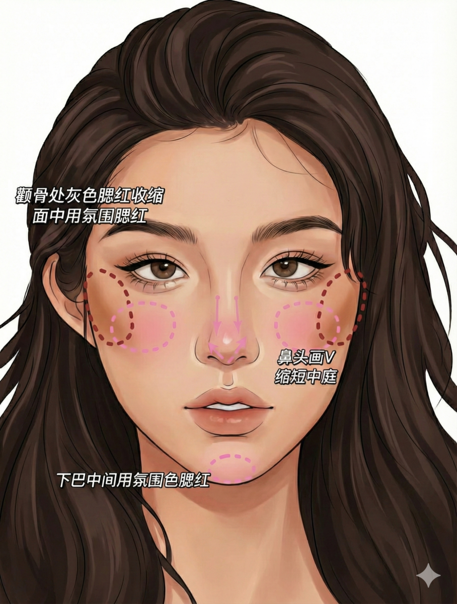 方圆脸腮红画法示意图：颧骨处使用收缩色，面中使用膨胀色，缩短中庭比例