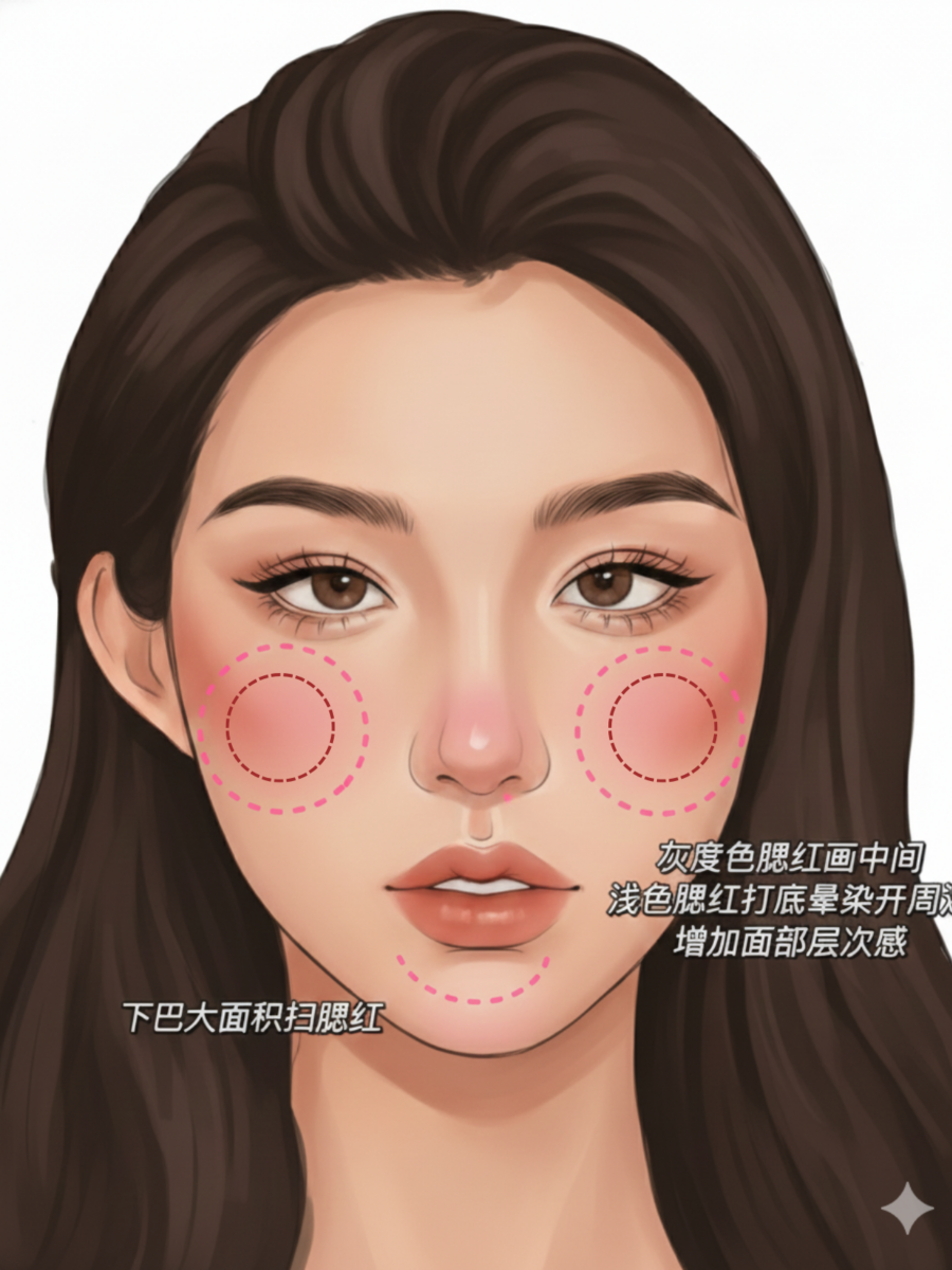 圆脸腮红画法示意图：利用深浅色腮红营造层次感，下巴轻扫拉长面部线条