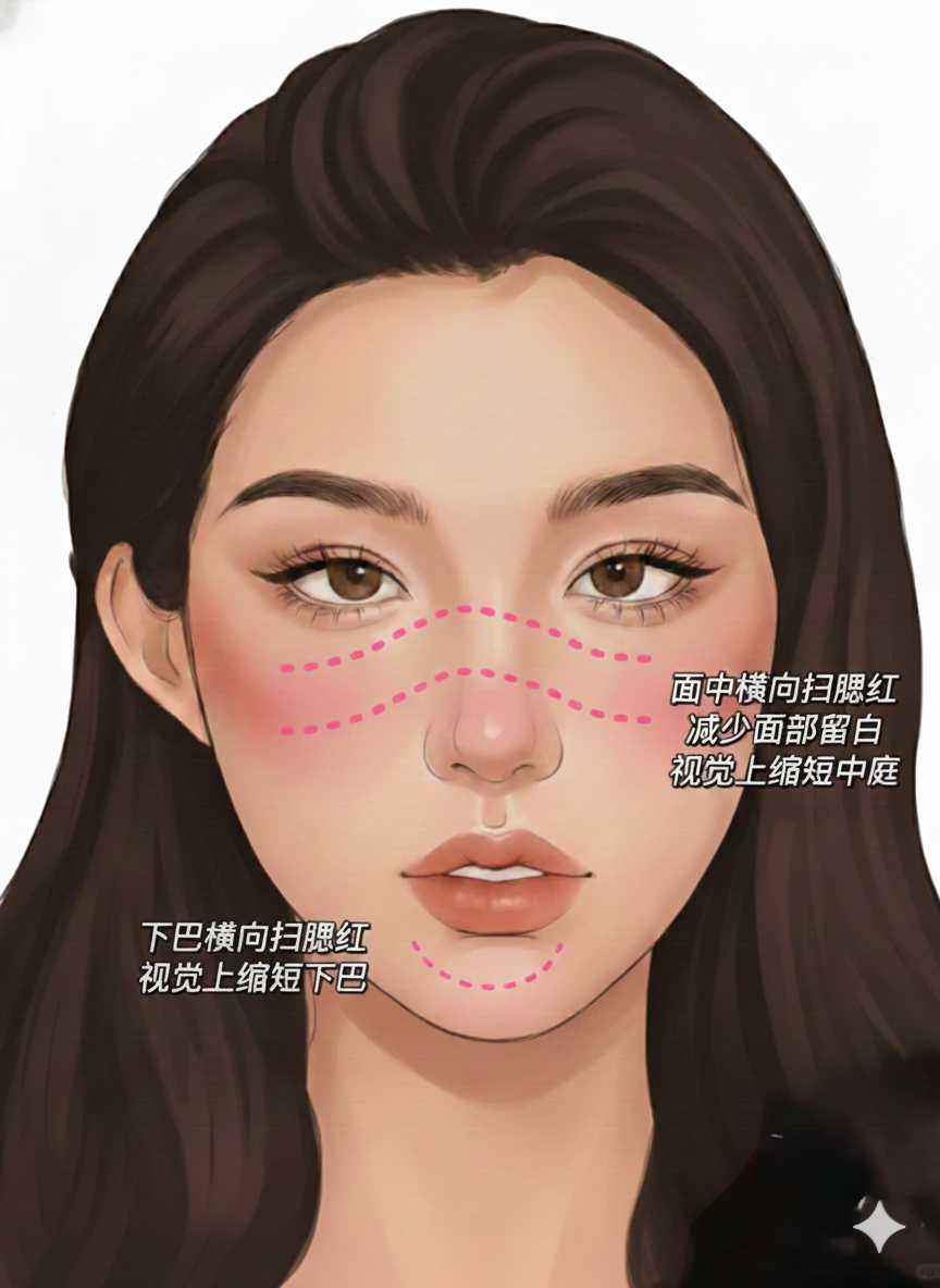 长脸腮红画法示意图：横向大面积扫涂腮红连接鼻梁，视觉上截断中庭长度
