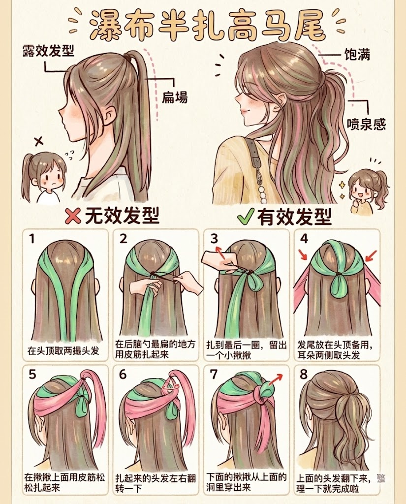 三、 瀑布半扎高马尾
