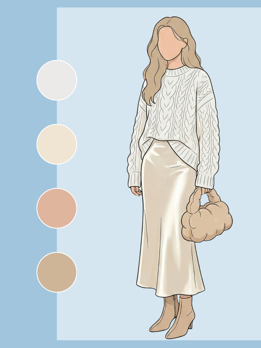 全身云舞白同色系穿搭，针织毛衣搭配丝缎长裙