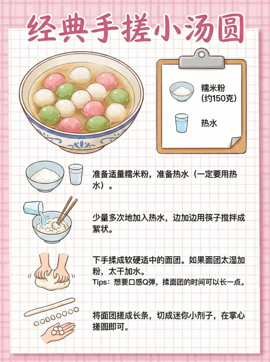 手搓汤圆只需要两样材料：糯米粉和热水