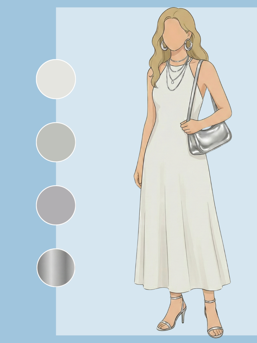 云舞白礼服搭配银色高跟鞋与手拿包