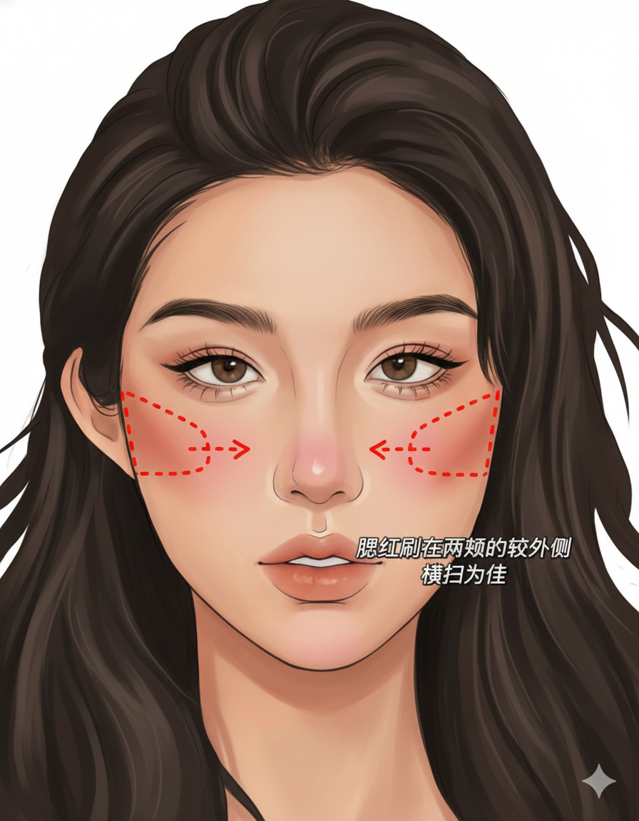倒三角脸腮红画法示意图：在两颊外侧横向晕染，平衡宽额头与窄下巴