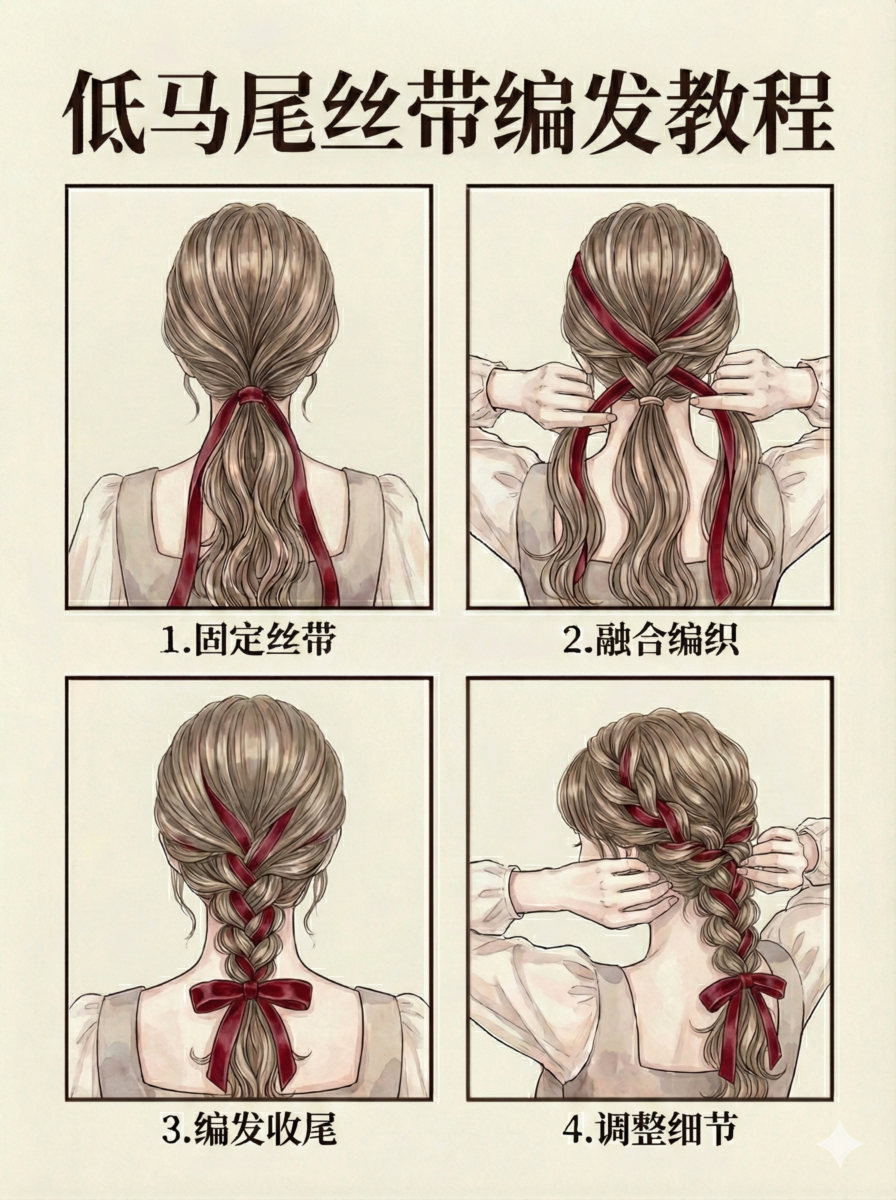 丝带编发与低马尾