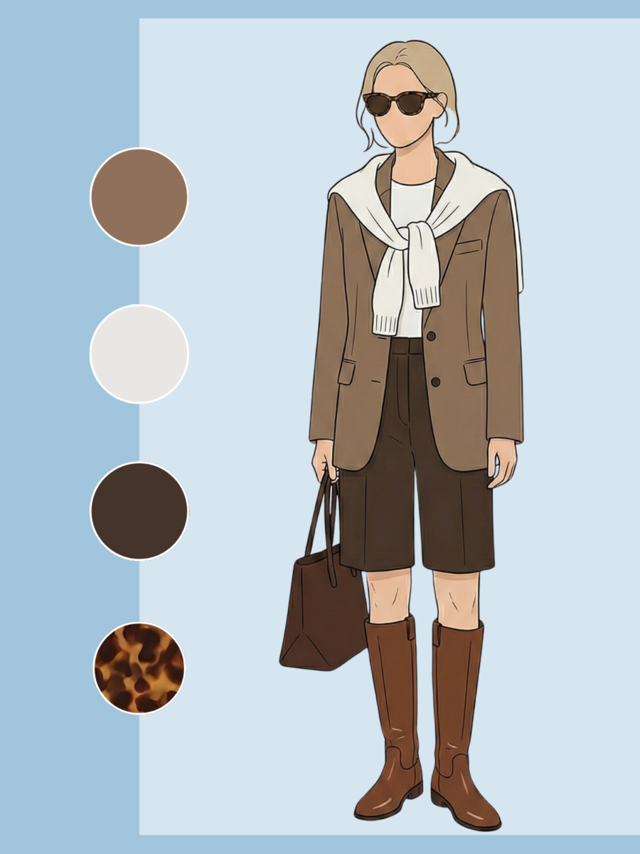 咖啡色西装外套内搭云舞白T恤与卡其色裤装