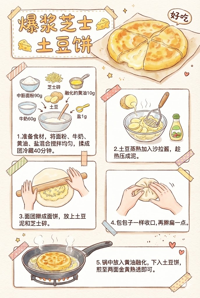 1.拉丝警告！爆浆芝士土豆饼