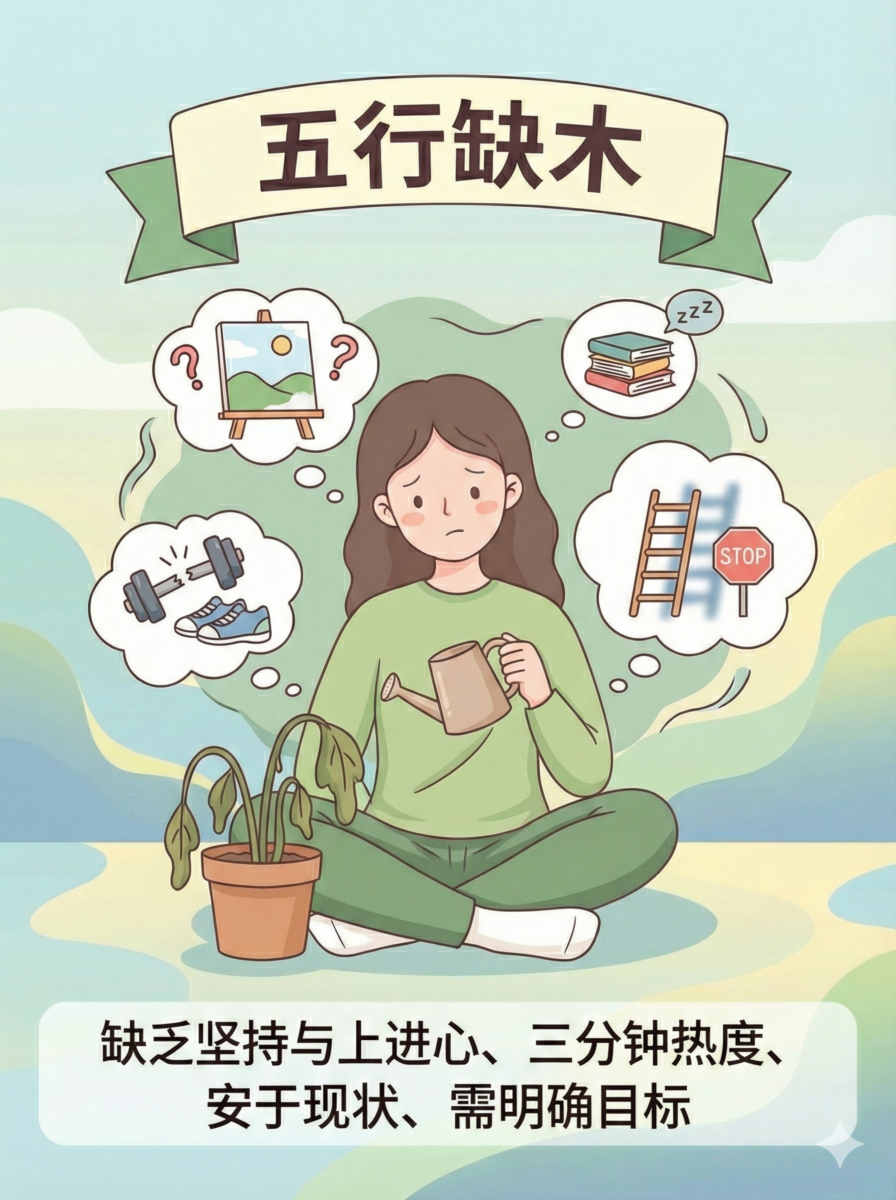 五行缺木：缺乏坚持与上进心