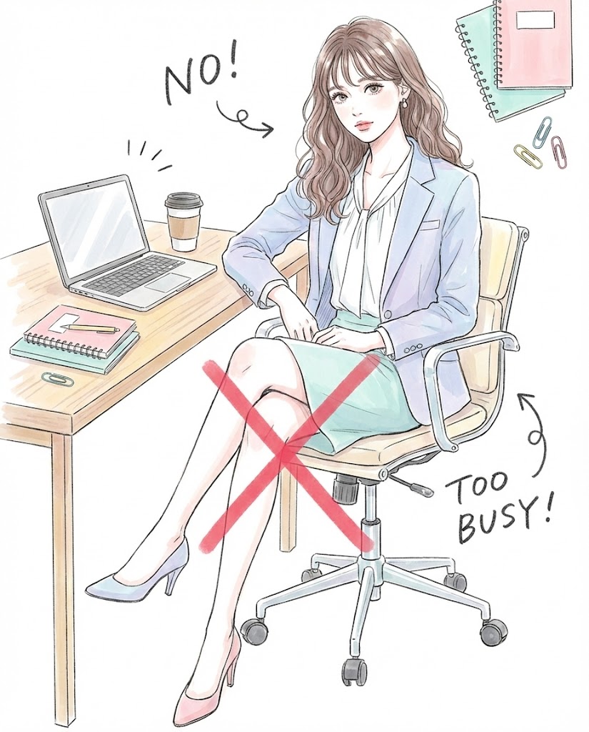 ❌ 2. 办公椅二郎腿：假胯宽制造机