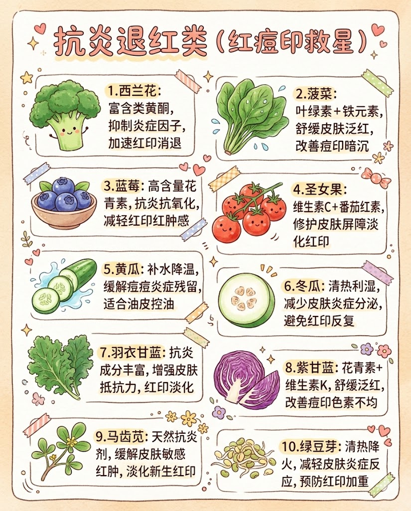 一、 抗炎退红类：扑灭肌肤底层的火（红痘印救星）