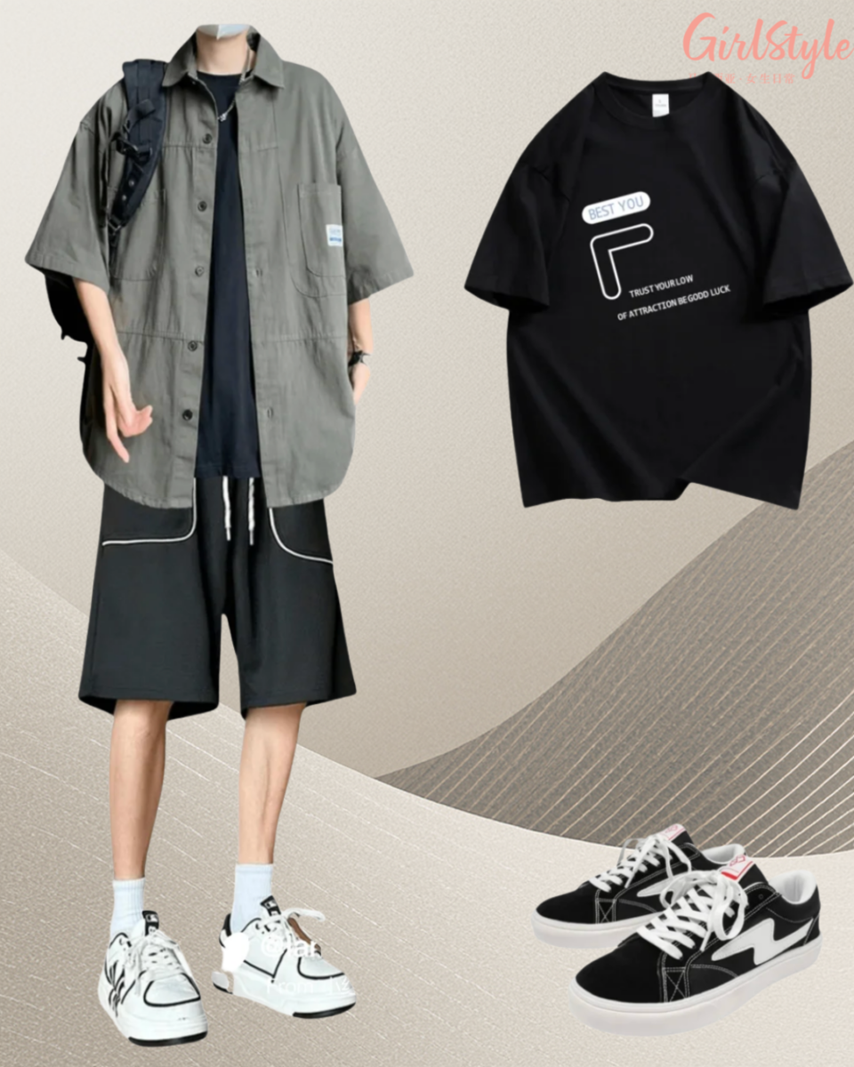 穿搭四：低调暗黑工装风（军绿短袖衬衫 + 黑T + 黑色工装短裤）