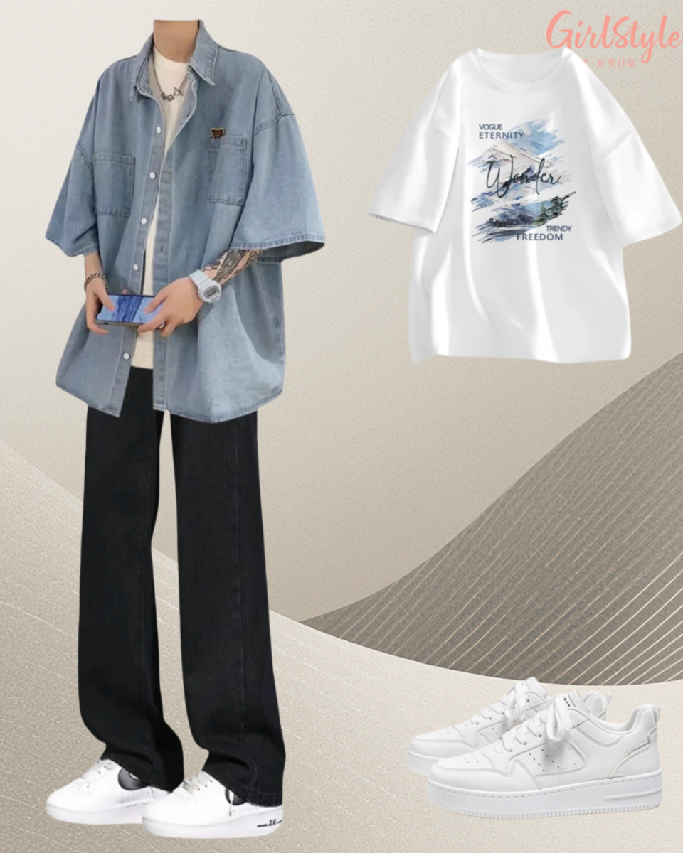 穿搭一：日系盐系少年风（丹宁衬衫 + 白T + 黑阔腿裤）