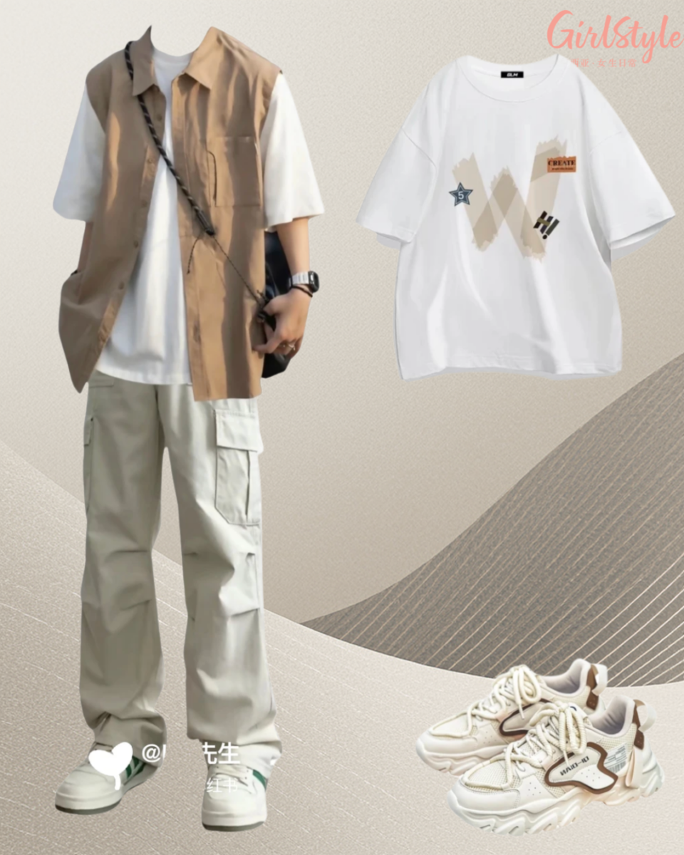 穿搭八：清爽大地色系风（卡其色马甲/衬衫 + 白T + 米色工装裤）