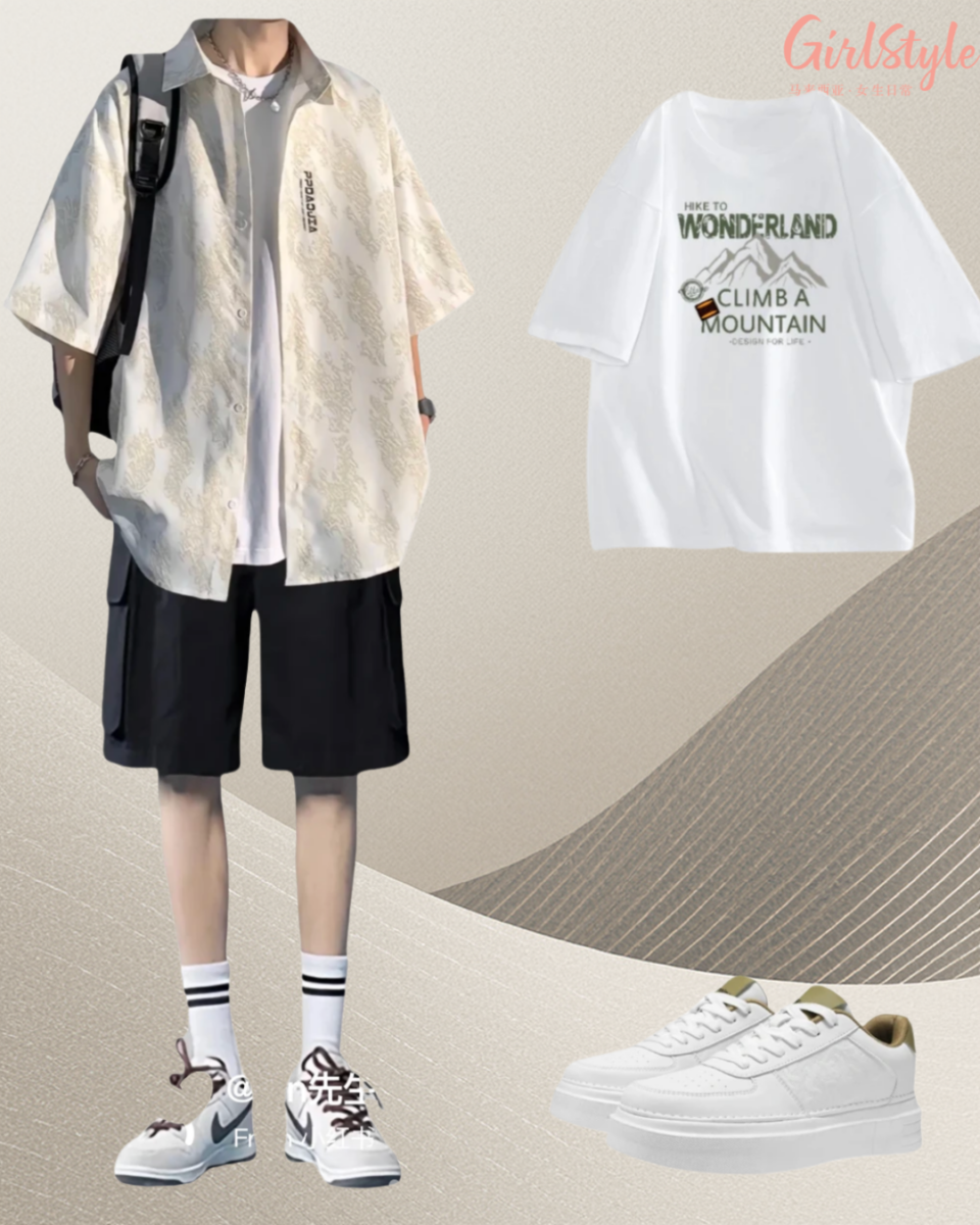 穿搭二：清爽印花风（米色外套+ 白T + 黑色工装短裤）