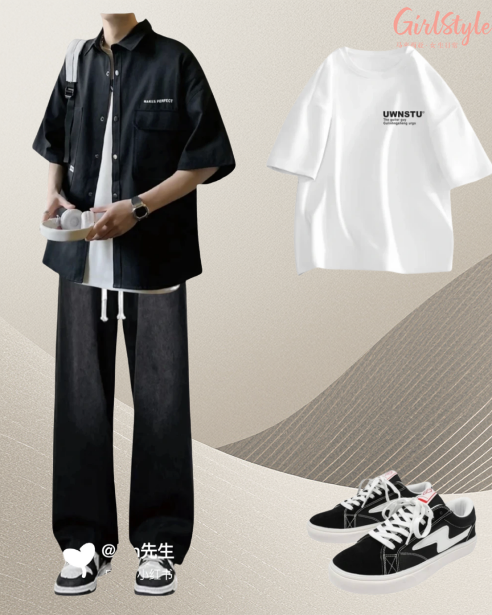 穿搭六：经典黑白极简风（黑衬衫 + 白T + 黑长裤）