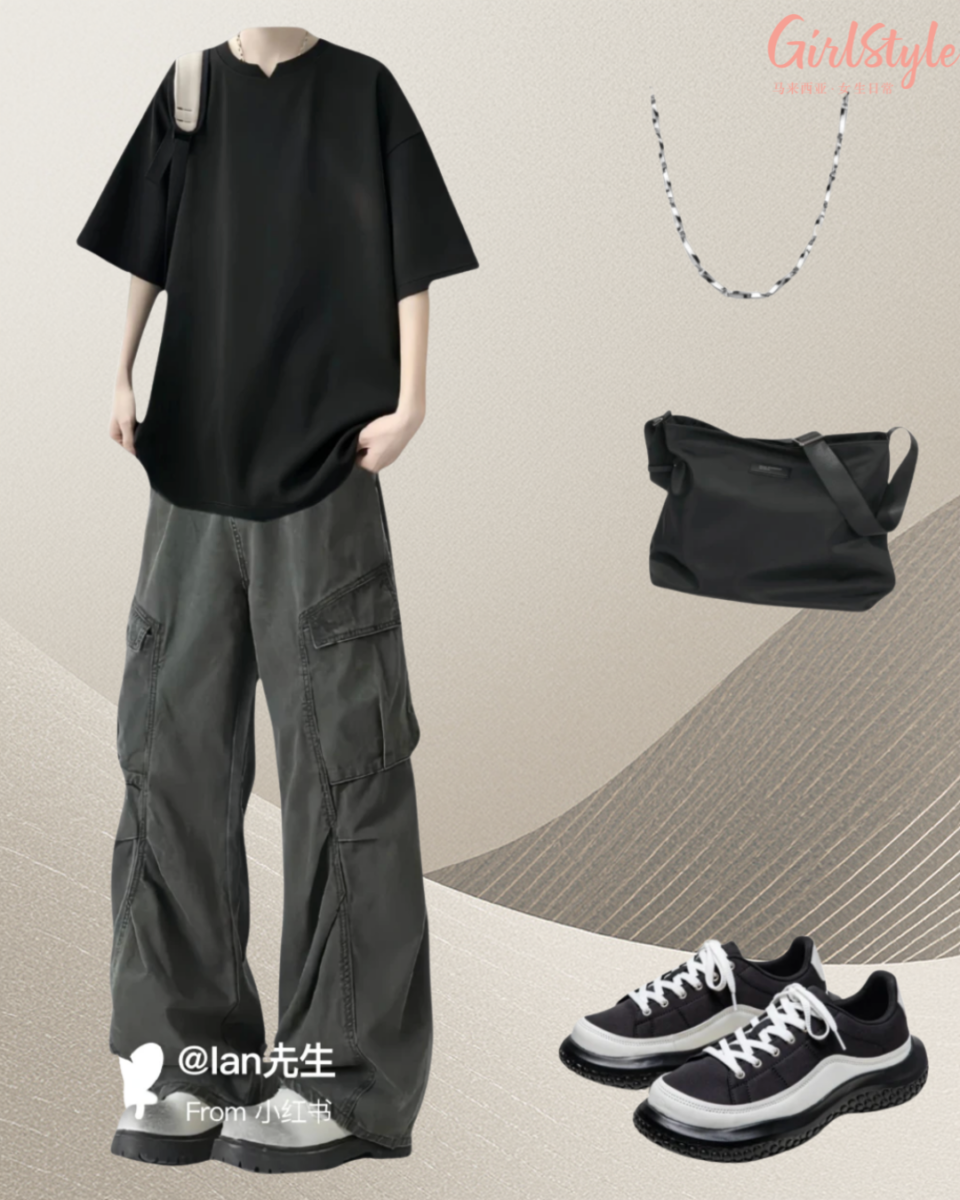 穿搭七：机能风山系男孩（黑T + 灰色多口袋工装裤）