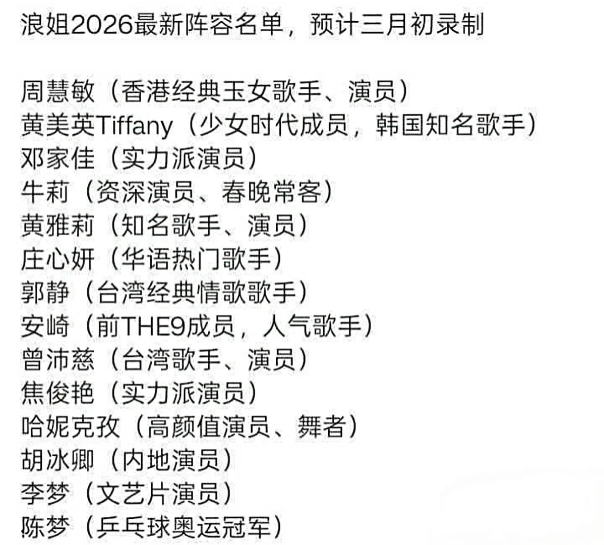 《乘风 2026》网传阵容