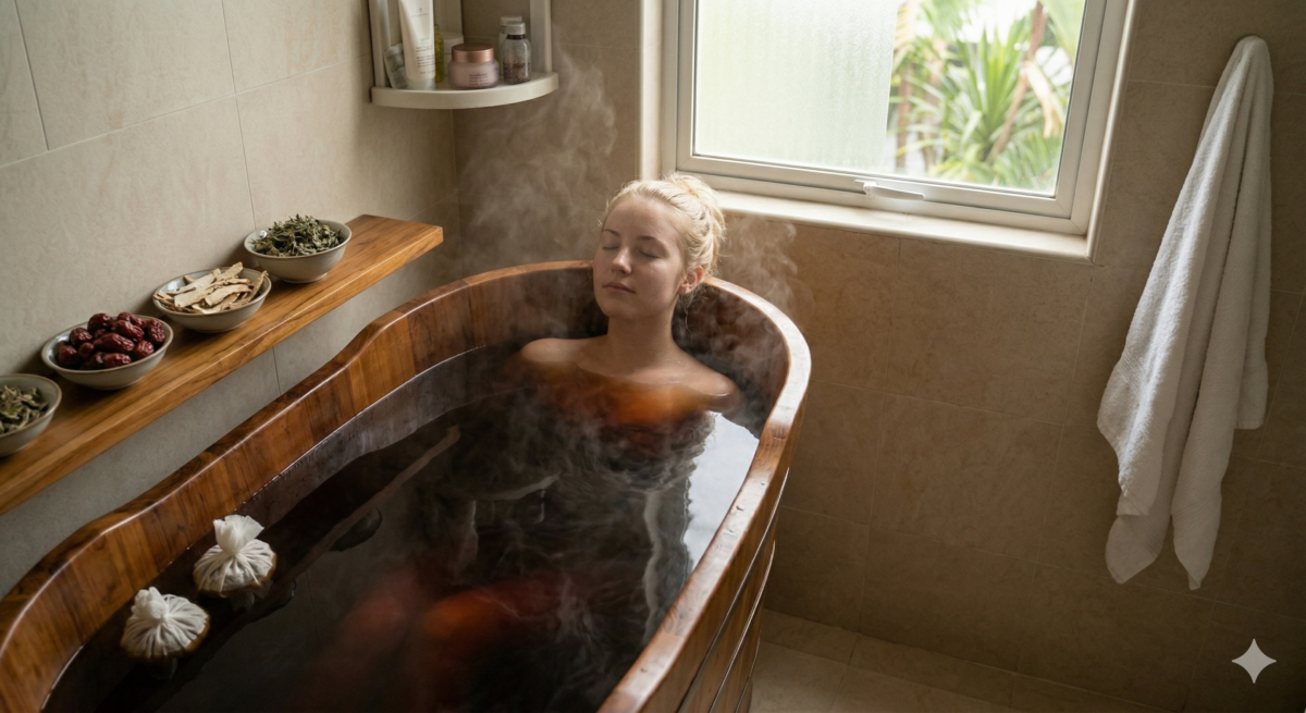 药材白白浴：使用白茯苓、薏仁、白芷等药材熬水泡澡，能起到健脾利湿、活血提亮的作用