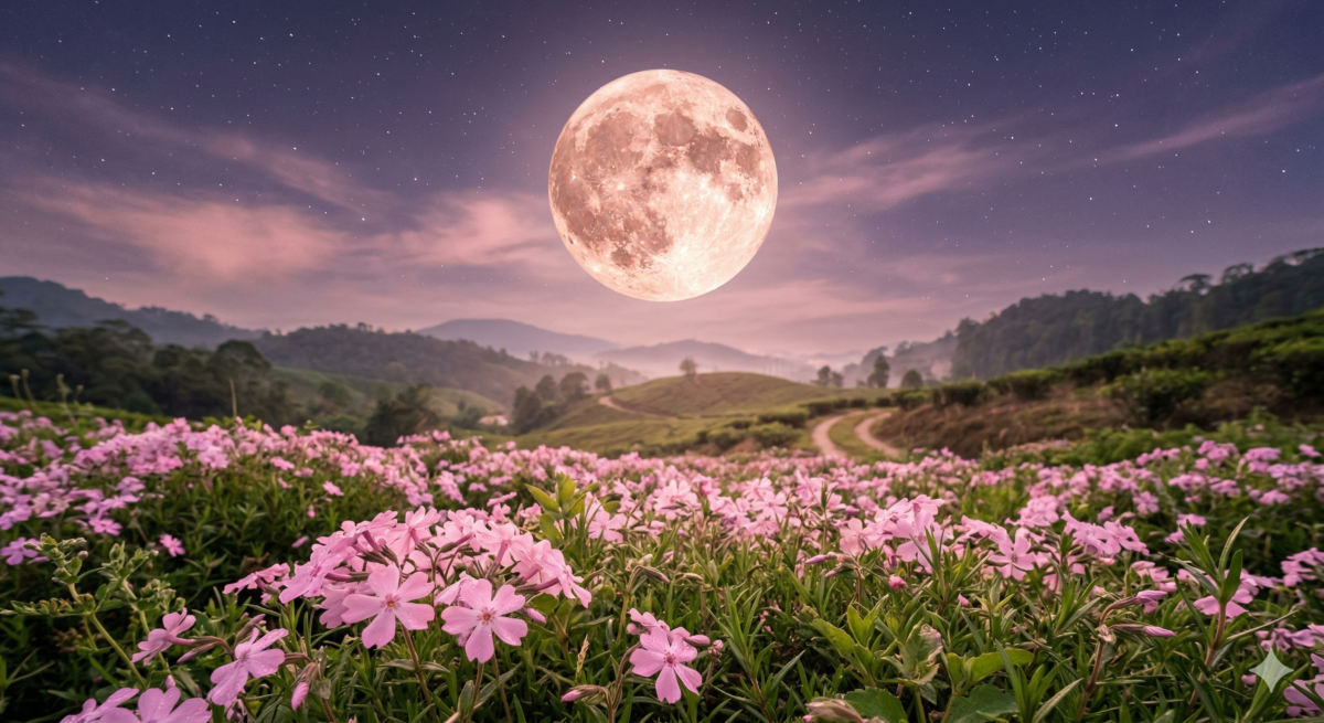 粉色月亮这个浪漫的名字其实源于北美的传统，是指向春季盛开的一种粉红色野生花卉——针叶天蓝绣球（Phlox subulata），也被称为“福禄考花” 