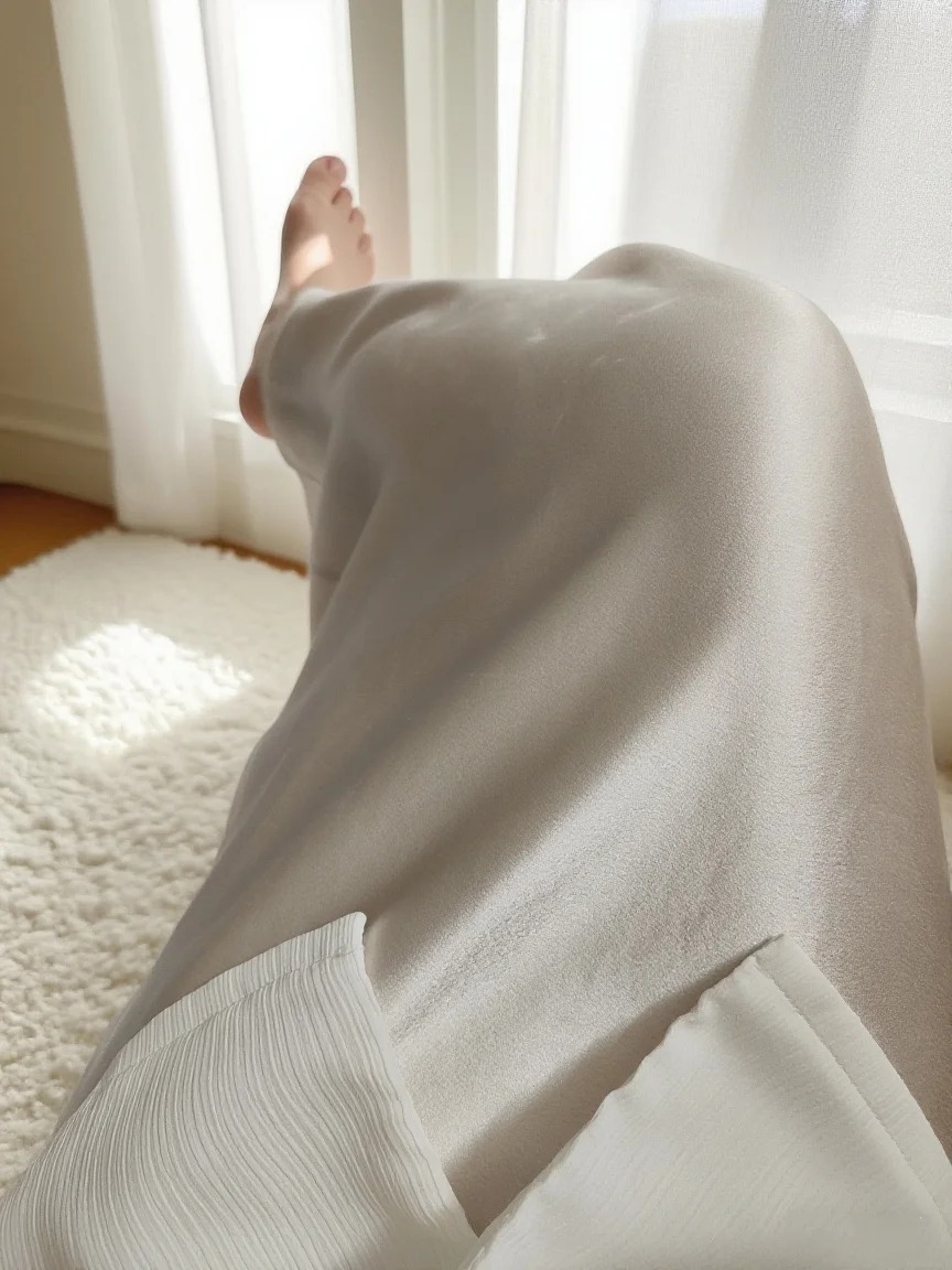 高级感醋酸面料细节：香槟色缎面半身裙在阳光下的流动光泽感，自带降温效果。