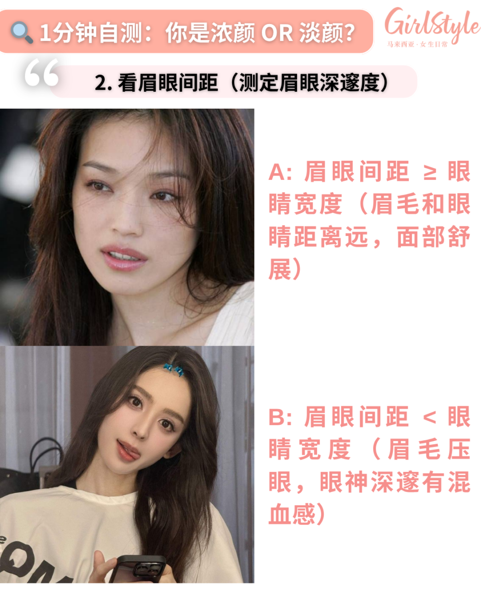2. 看眉眼间距（测定眉眼深邃度）