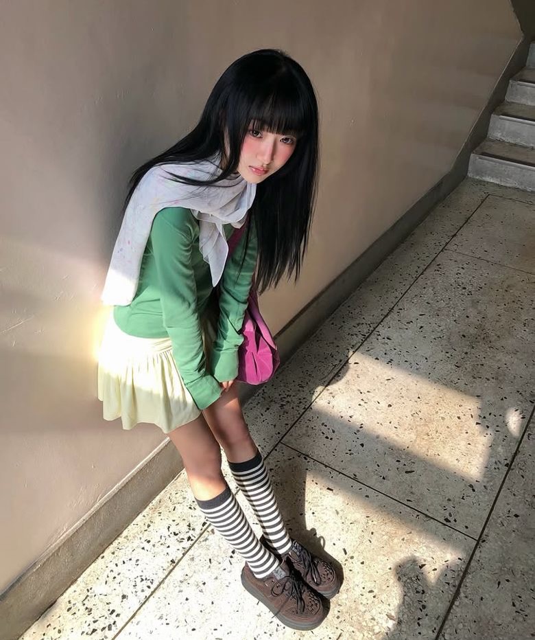 绿色针织衫+百褶裙：Y2K 复古少女风