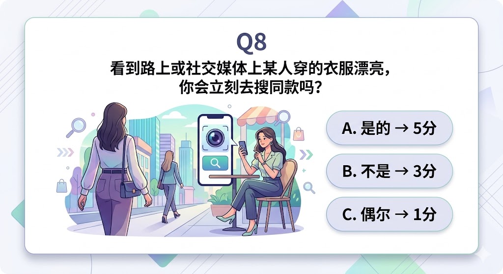 Q8. 看到路上或社交媒体上某人穿的衣服漂亮，你会立刻去搜同款吗？