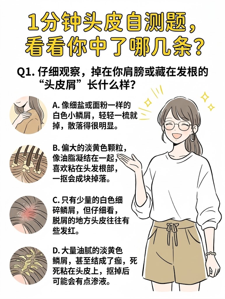 Q1. 仔细观察，掉在你肩膀或藏在发根的“头皮屑”长什么样？