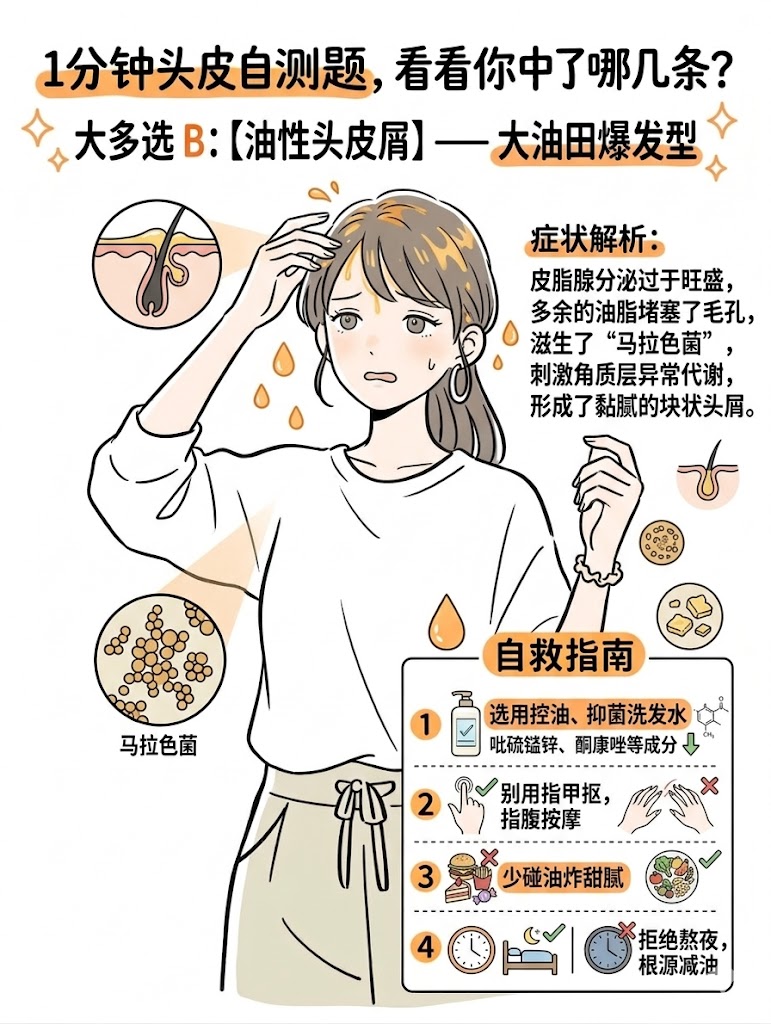 大多选 B：【大油田爆发型】—— 油性头皮头皮屑