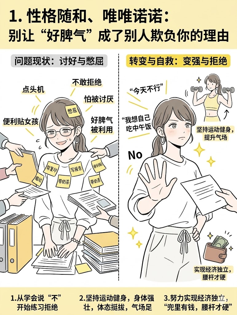 1. 性格随和、唯唯诺诺：别让“好脾气”成了别人欺负你的理由