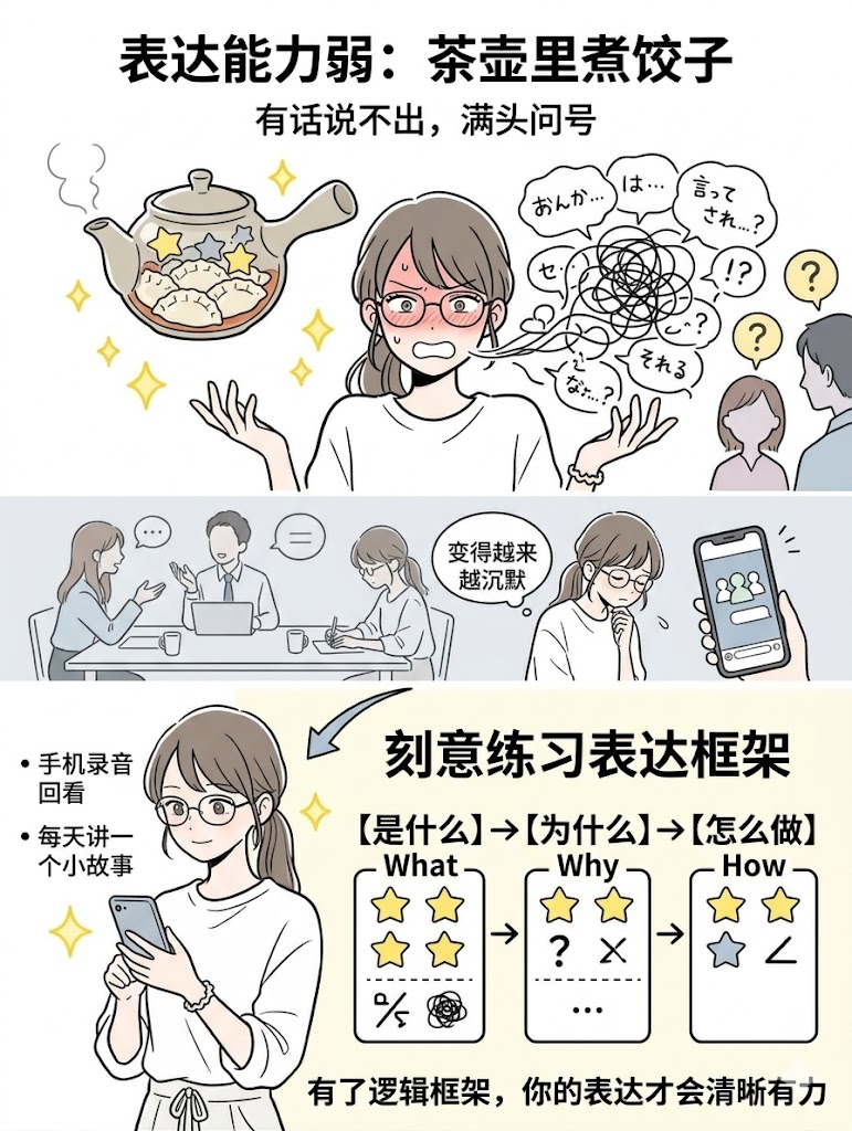 5. 表达能力弱：有话说不出，越解释越乱