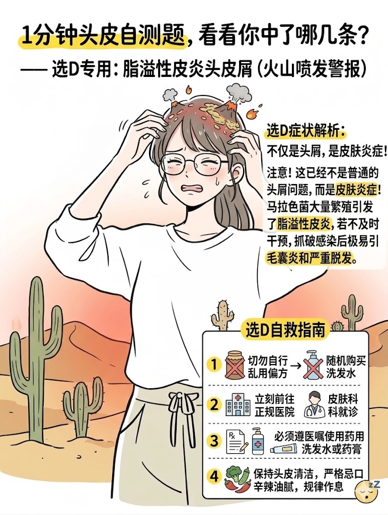 大多选 D：【火山喷发警报】—— 脂溢性皮炎头皮屑