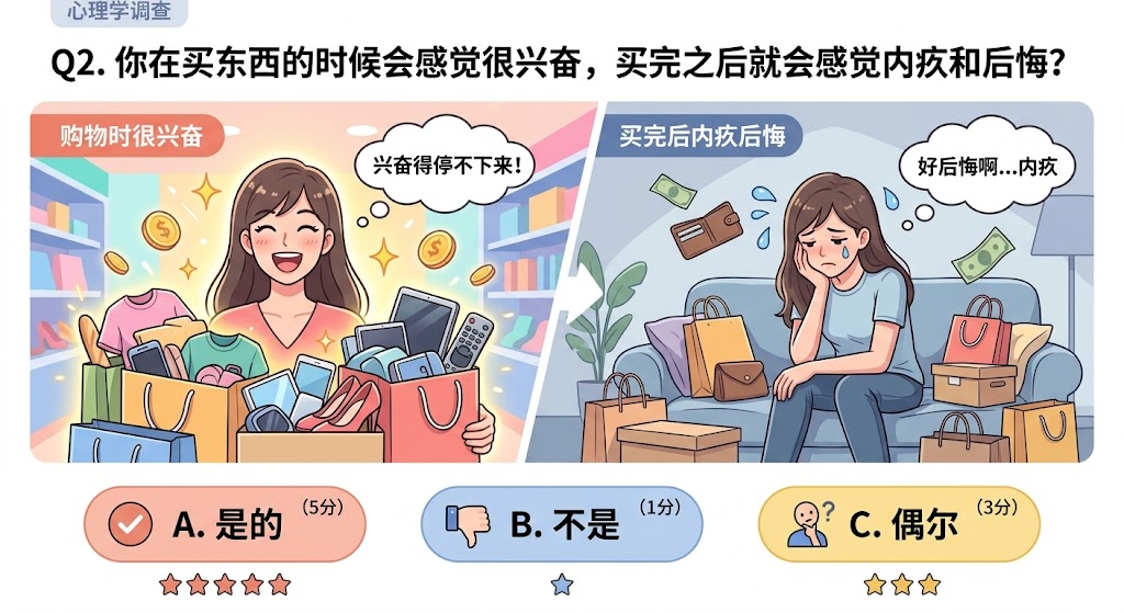 Q2. 你在买东西的时候会感觉很兴奋，买完之后就会感觉内疚和后悔？